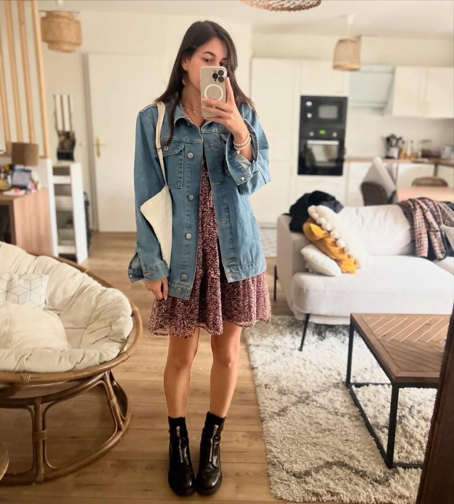 Blue Denim Jacket + Floral Mini Dress + Black Boots