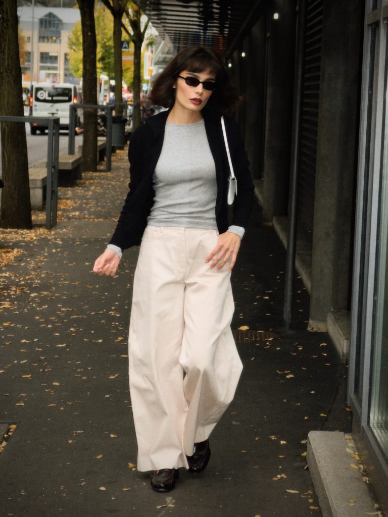 Grey Long-Sleeve Top + Black Zip-Up Cardigan + Cream Wide-Leg Trousers