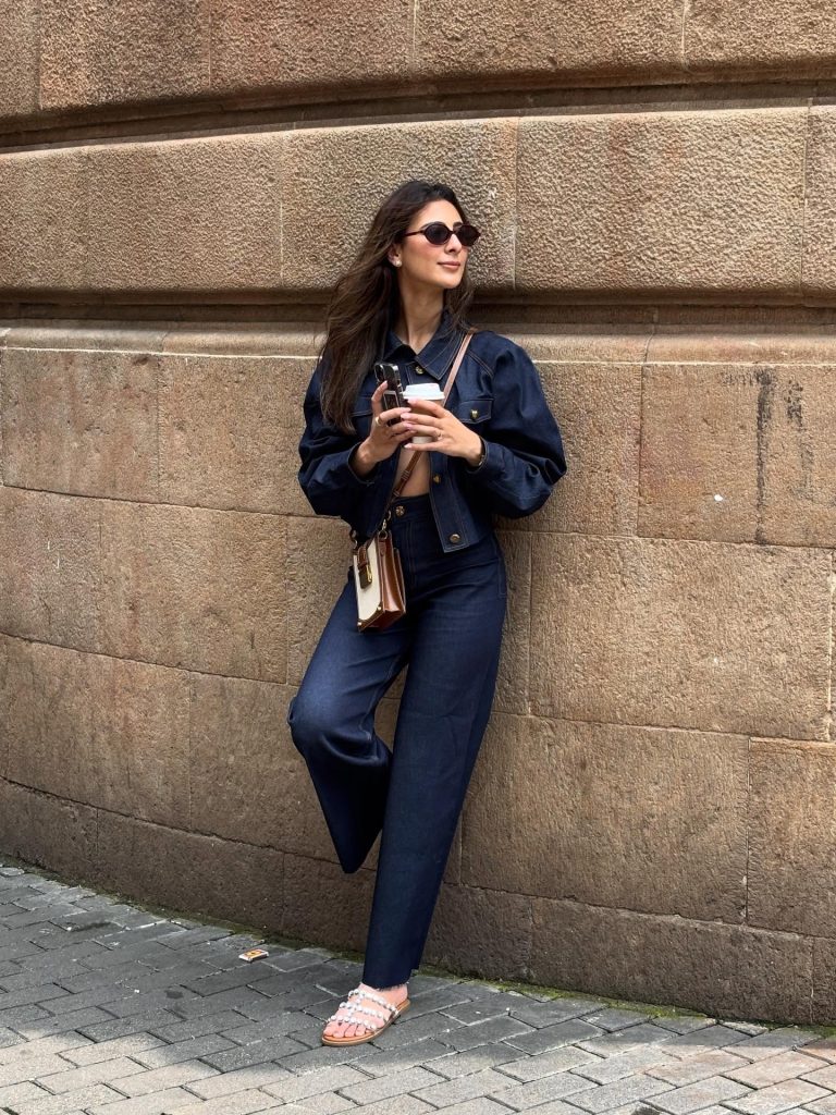 Dark Wash Denim Jacket + Matching Tapered Jeans + Embellished Sandals