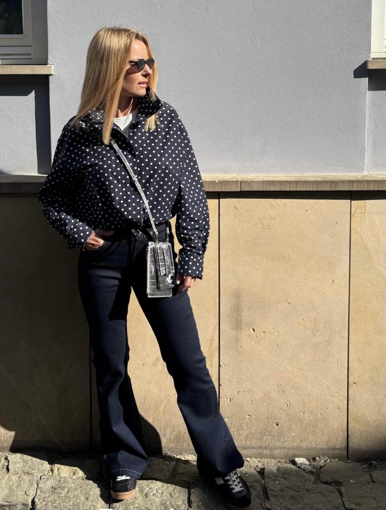Navy Polka Dot Blouse + Bootcut Jeans + Silver Crossbody Bag