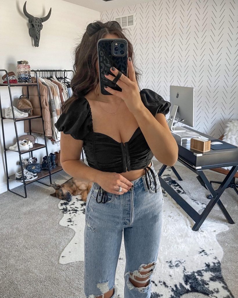 Black Ruched Crop Top + Distressed High-Rise Jeans