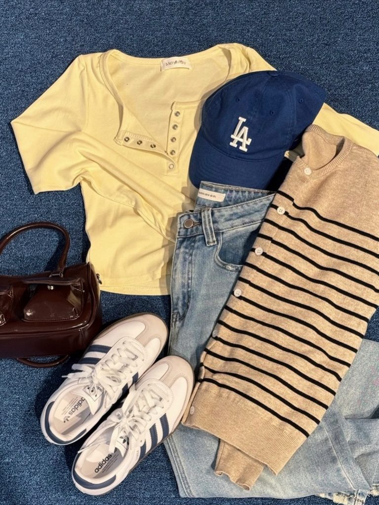 Yellow Henley Top + Striped Cardigan + Light Wash Denim