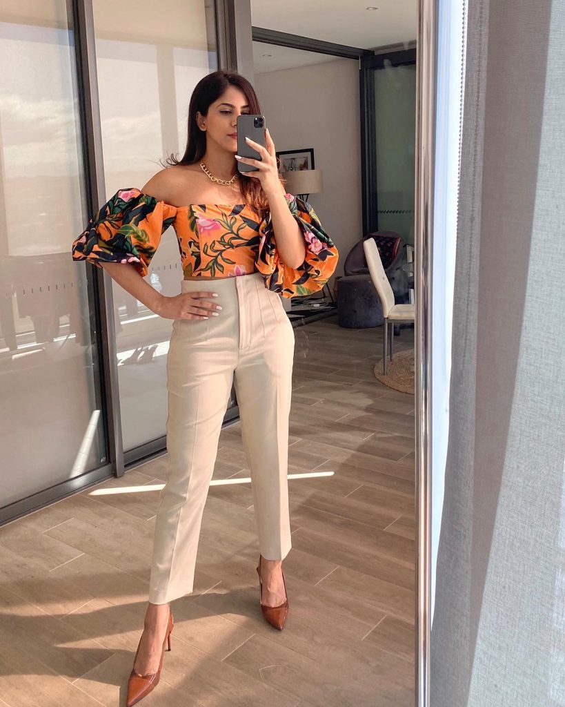 Orange Floral Off-Shoulder Top + High-Waisted Trousers + Pointed Heels