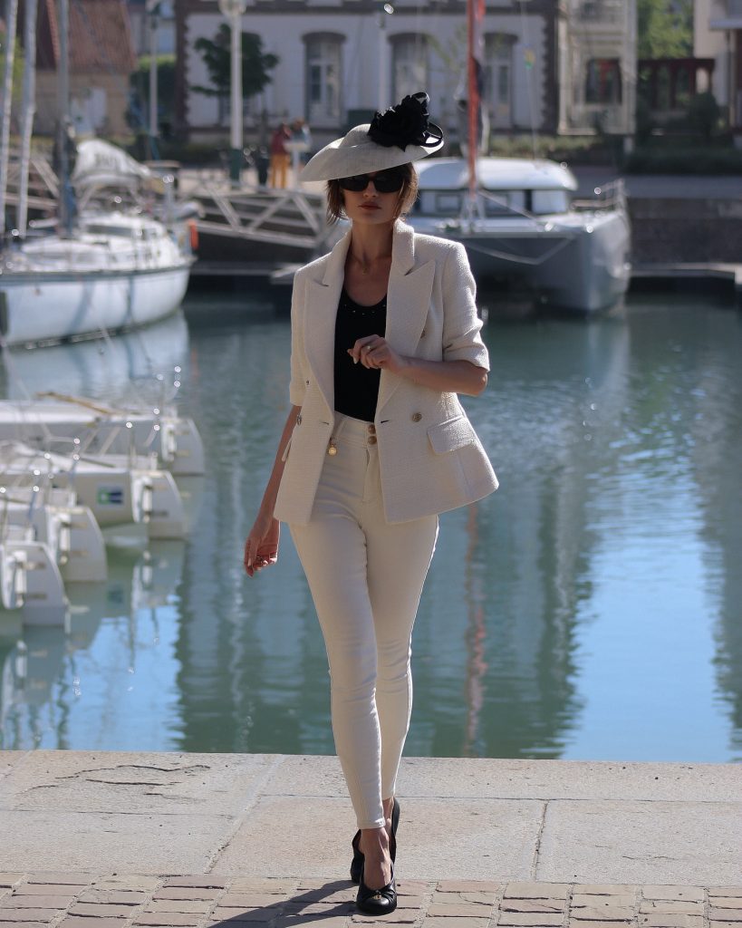Cream Tweed Blazer + Black Bodysuit + High-Waisted Skinny Jeans