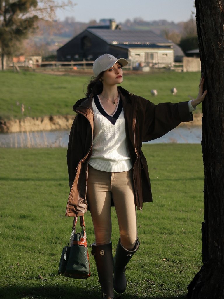 Brown Utility Jacket + White V-Neck Sweater + Tan Leggings