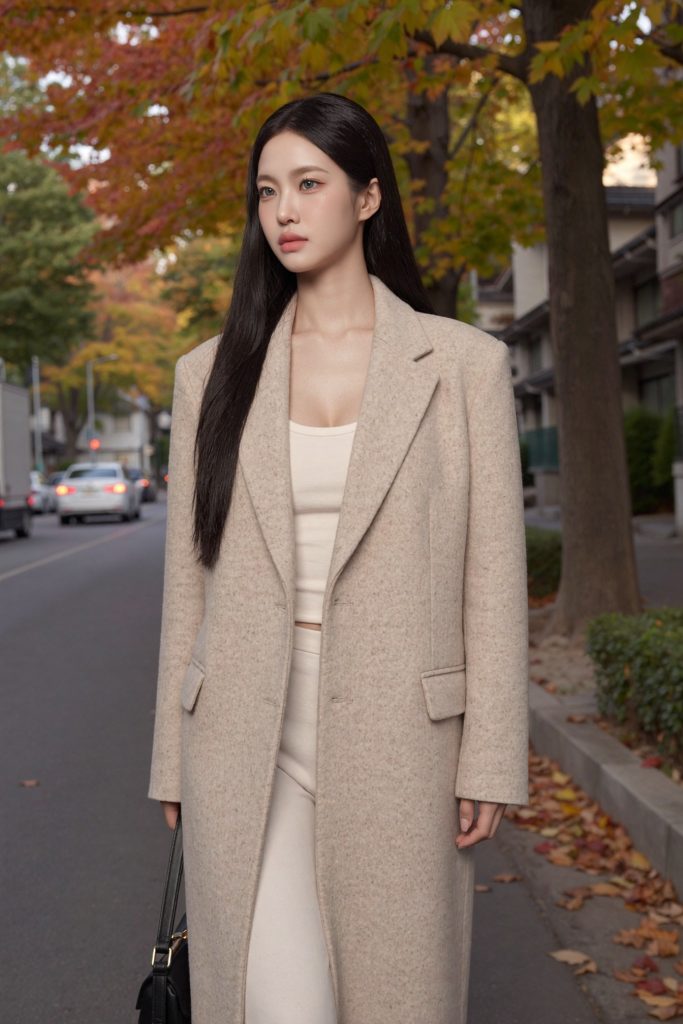 Oatmeal Wool Overcoat + Cream Ribbed Bodysuit + Matching Tailored Trousers