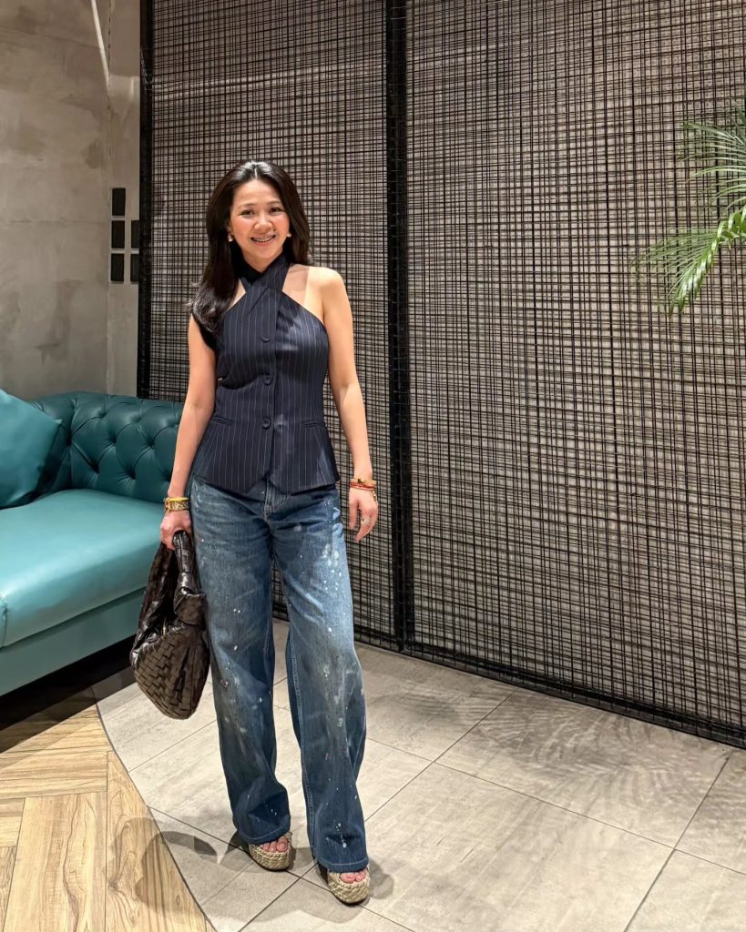 Navy Pinstripe Halter Vest + Distressed Wide-Leg Jeans + Platform Sandals