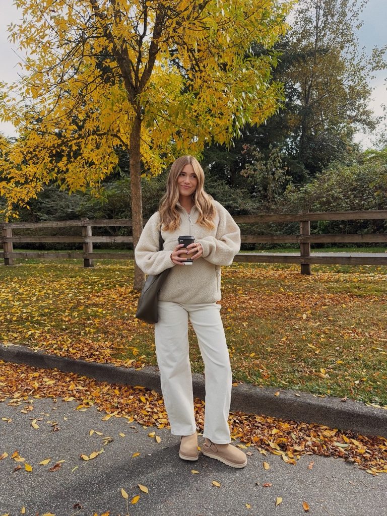 Cream Sherpa Pullover + White Wide-leg Jeans + Tan Clogs