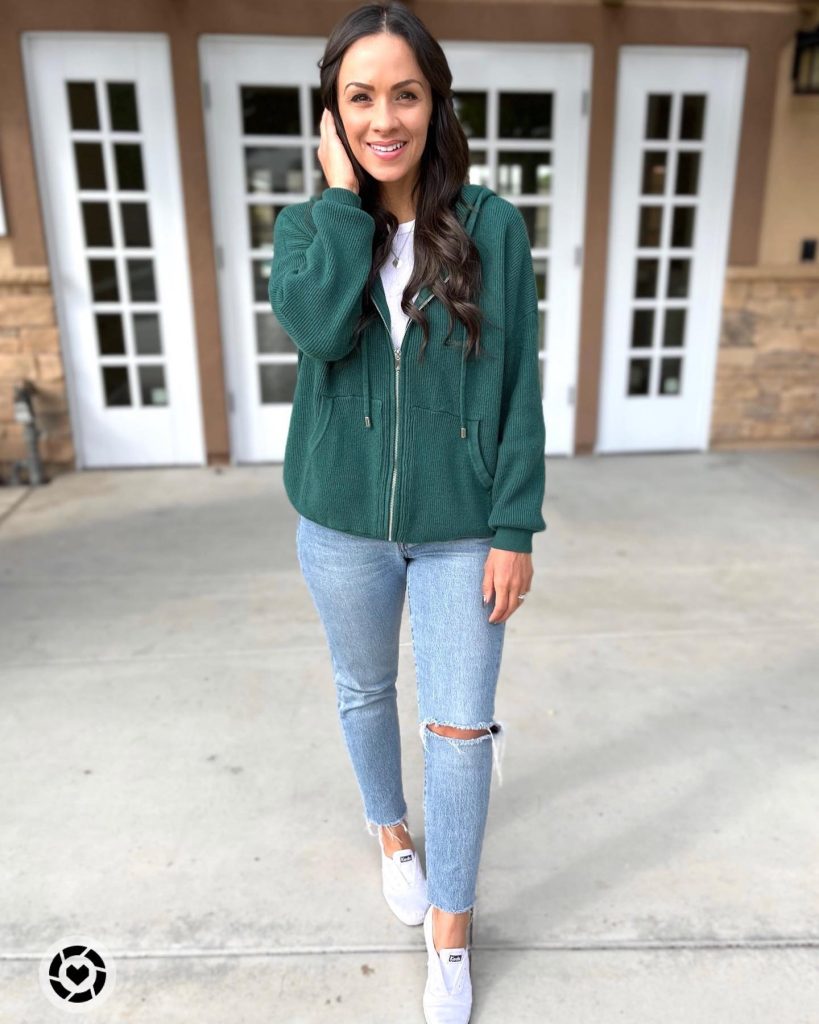 Green Zip-up Hoodie + White T-shirt + Distressed Denim