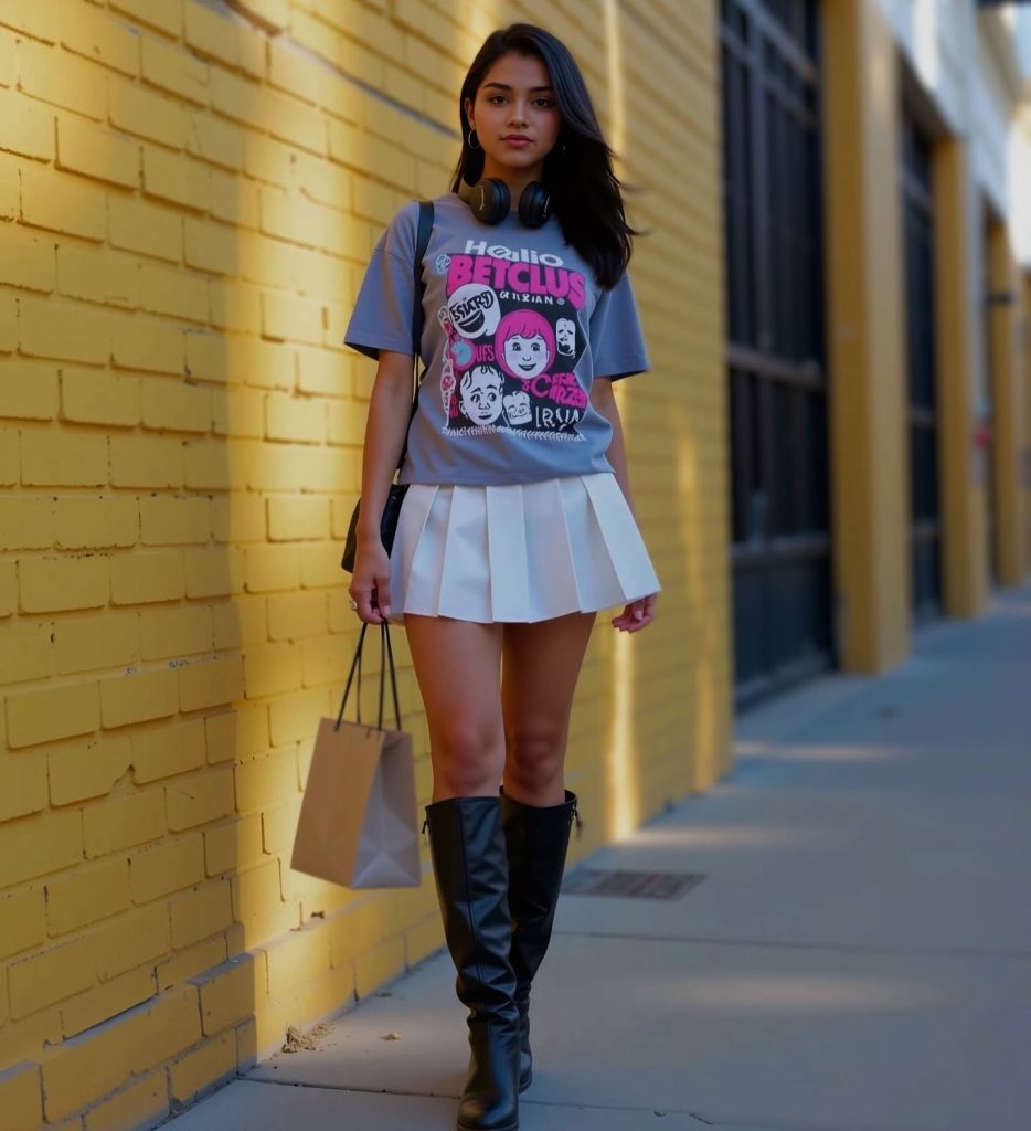 Grey Graphic T-Shirt + White Pleated Mini Skirt