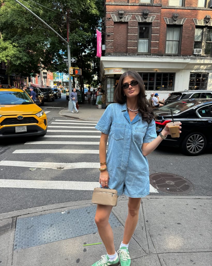 Blue Denim Romper + Green Sneakers + Pearl Necklace