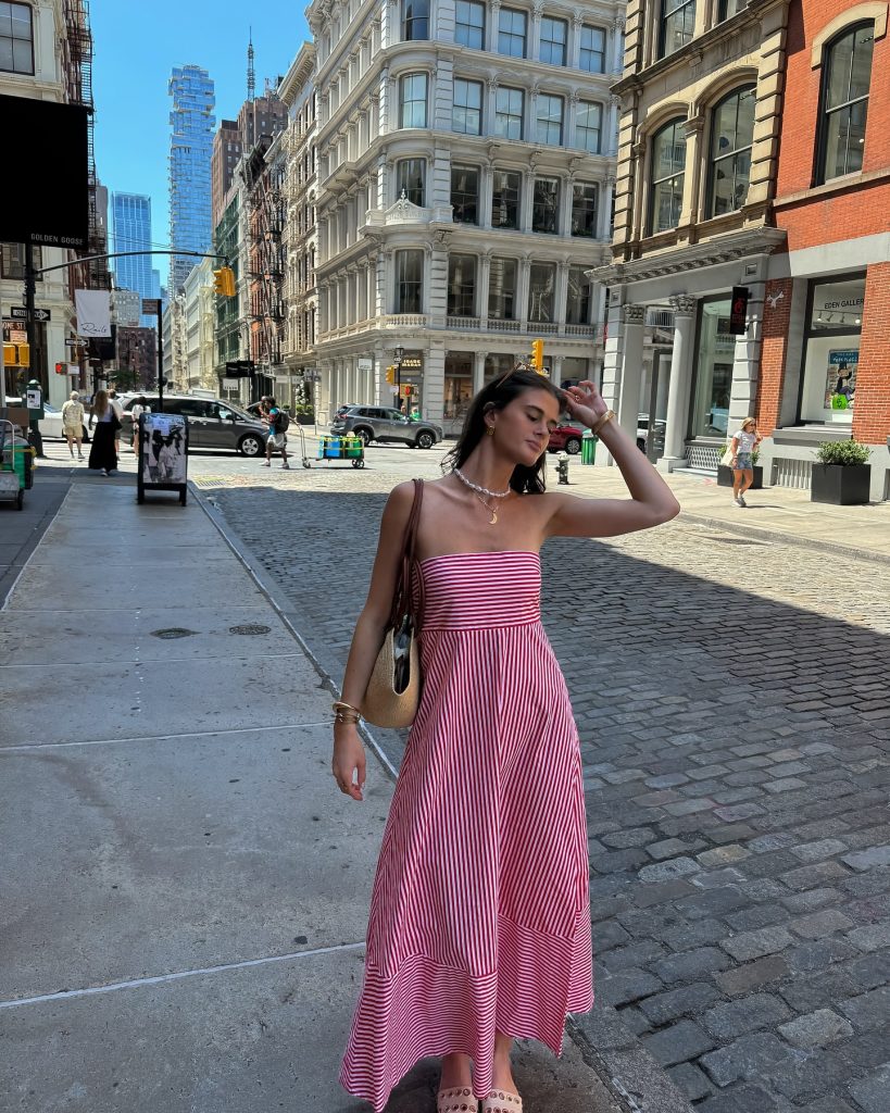  Red Striped Maxi Dress + Straw Bag + Strappy Sandals