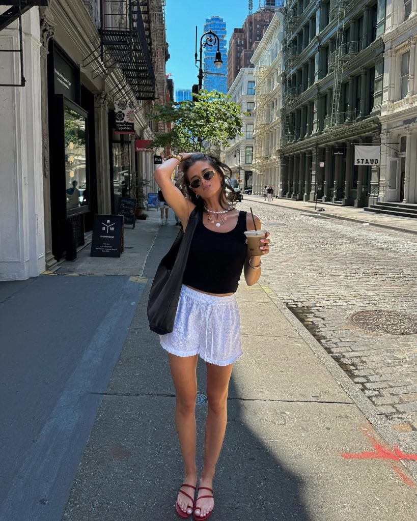 Black Tank Top + White Eyelet Shorts + Red Sandals