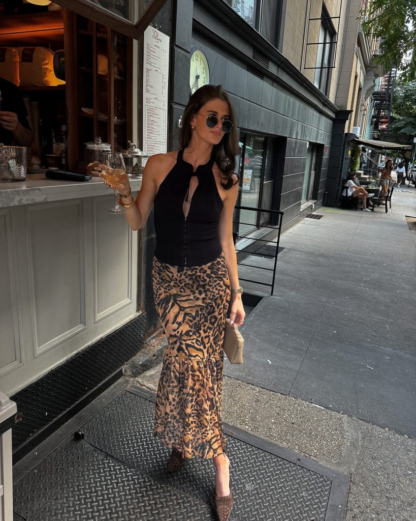Black Halter Top + Leopard Print Maxi Skirt + Studded Mules