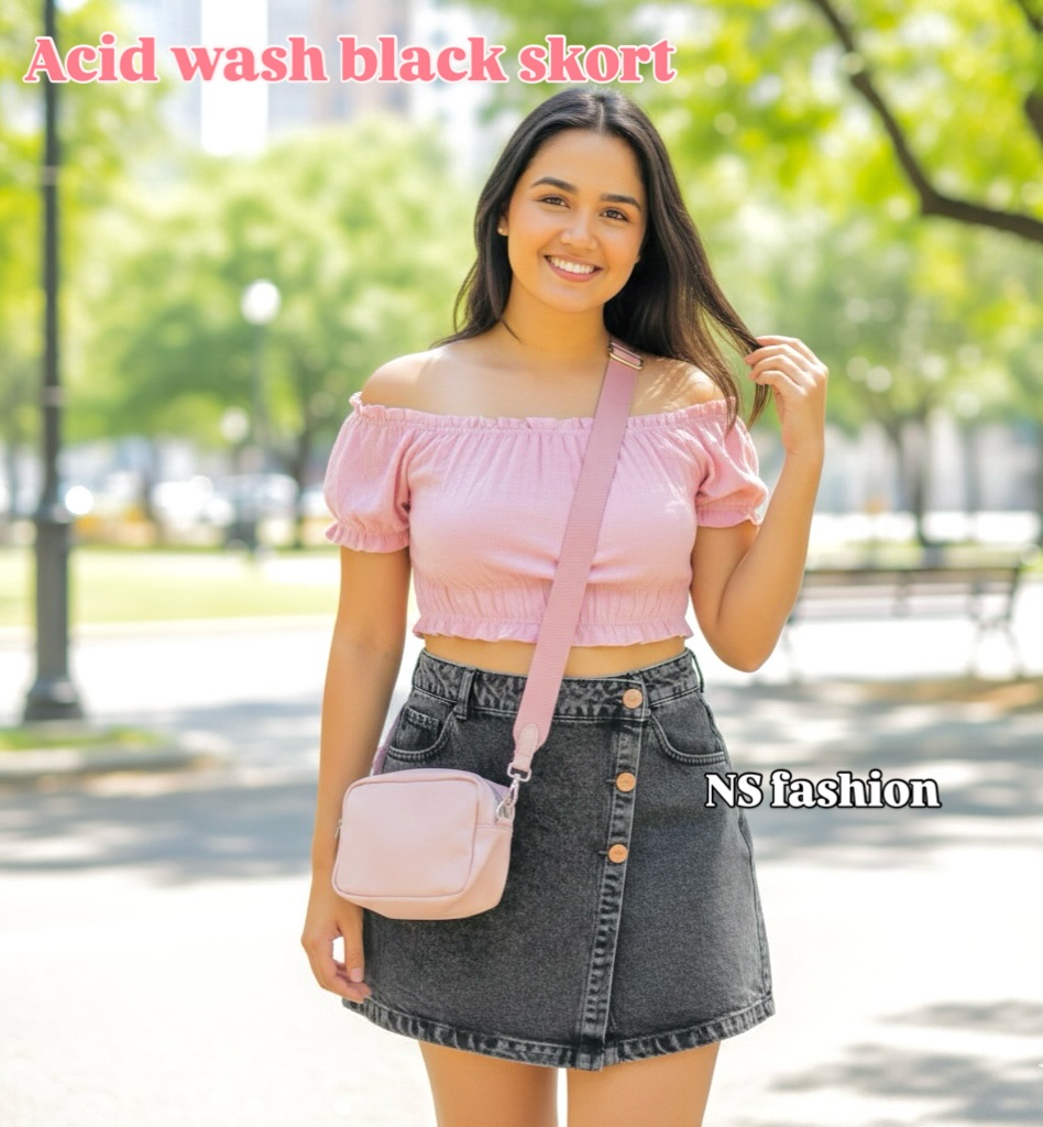 Pink Off-the-Shoulder Top + Acid Wash Black Skort + Pink Crossbody Bag