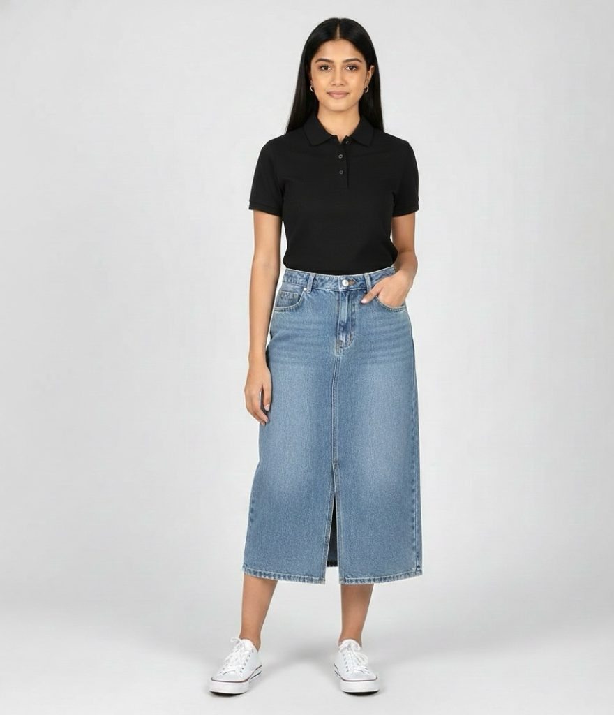 Black Polo Shirt + Denim Midi Skirt + White Canvas Sneakers