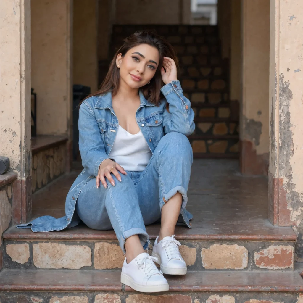 Light Wash Denim Jacket + White Tank Top + Matching Denim Jeans