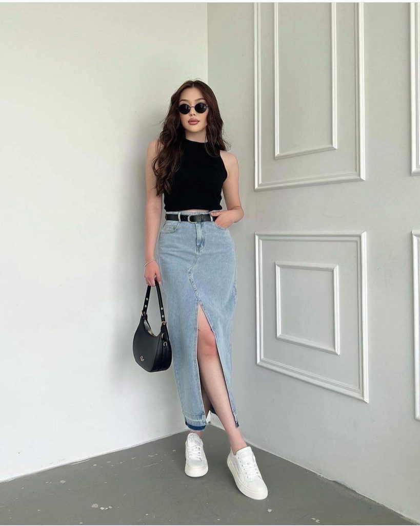 Black Halter Top + Denim Front-Slit Skirt + White Sneakers