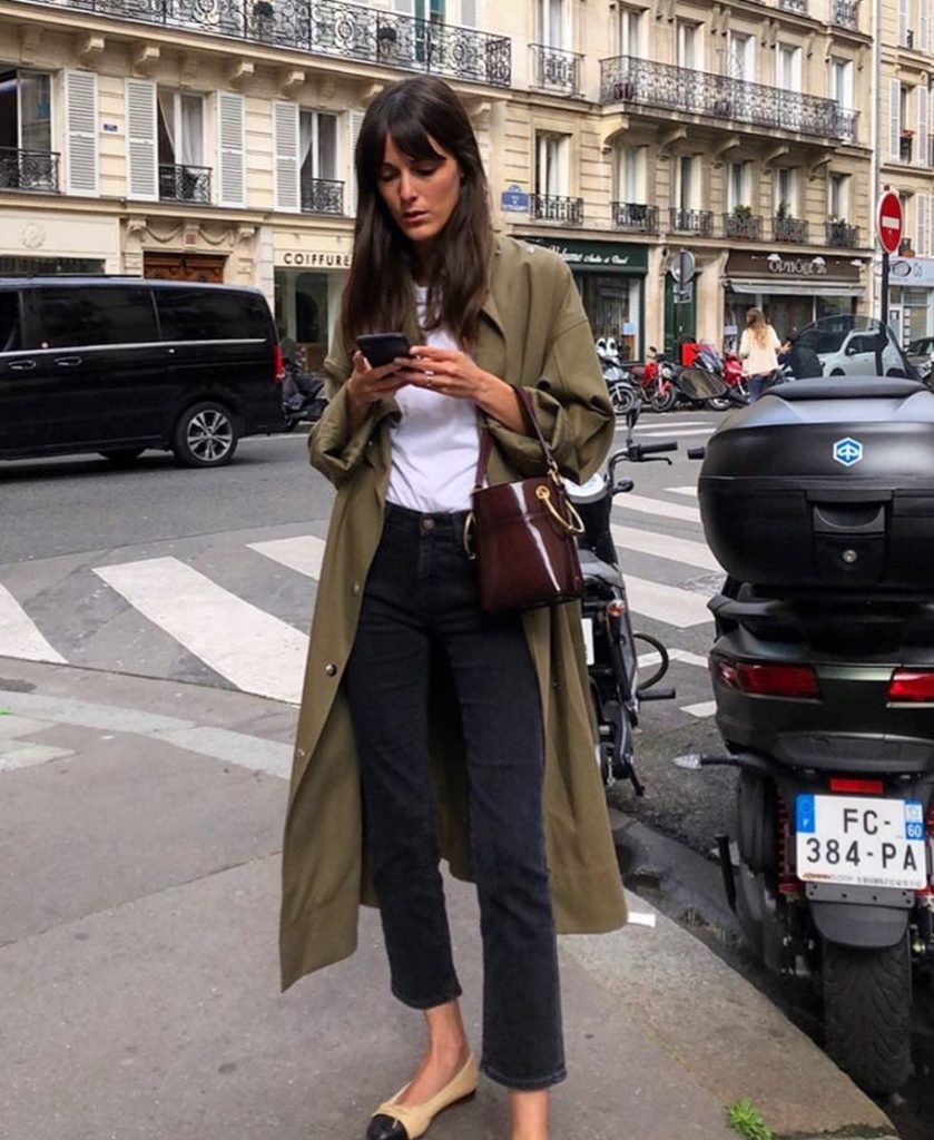 Olive Trench Coat + White T-shirt + Black Slim Jeans