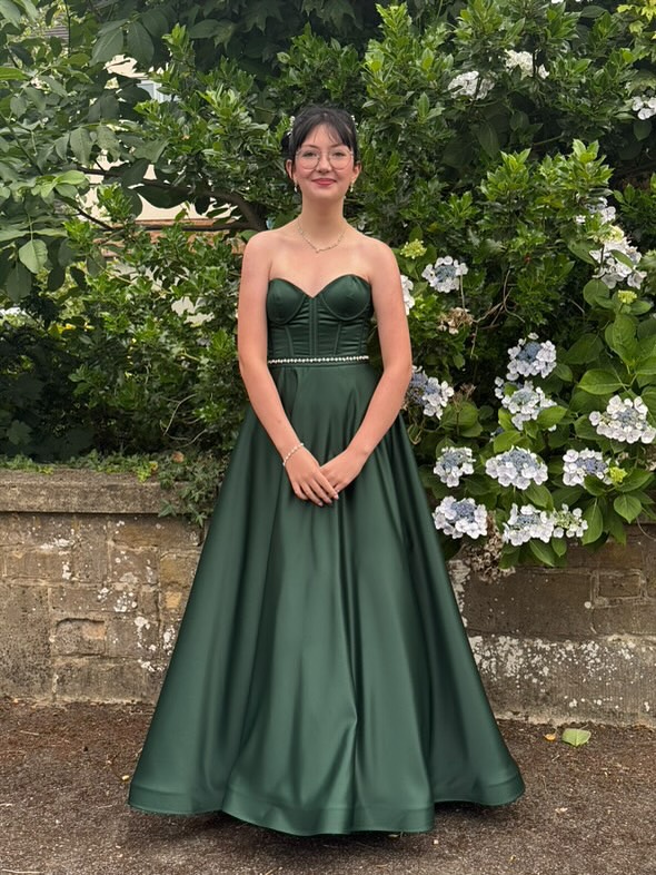 Emerald Green Satin Gown + Strapless Corset Bodice + A-line Skirt