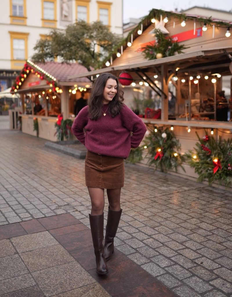 Burgundy Knit Sweater + Brown Corduroy Mini Skirt