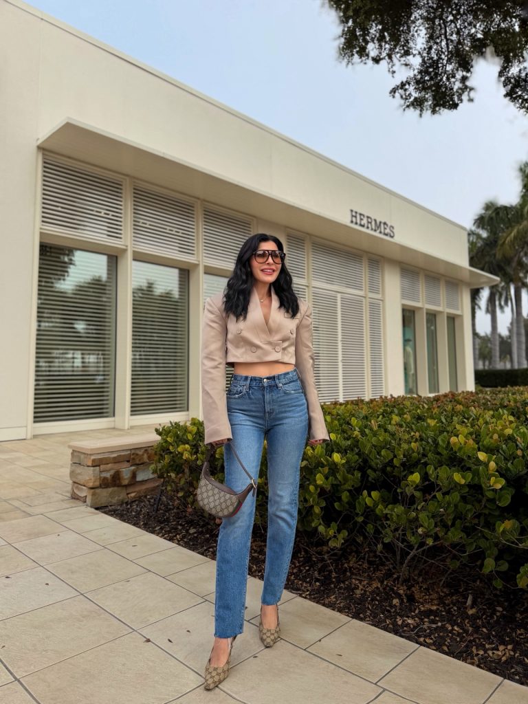Beige Cropped Blazer + Medium Wash Straight Jeans + Monogram Accessories
