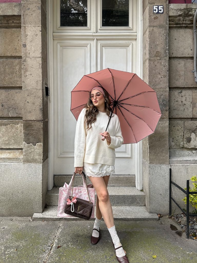Cream Knit Sweater + White Lace Skirt + Pink Umbrella