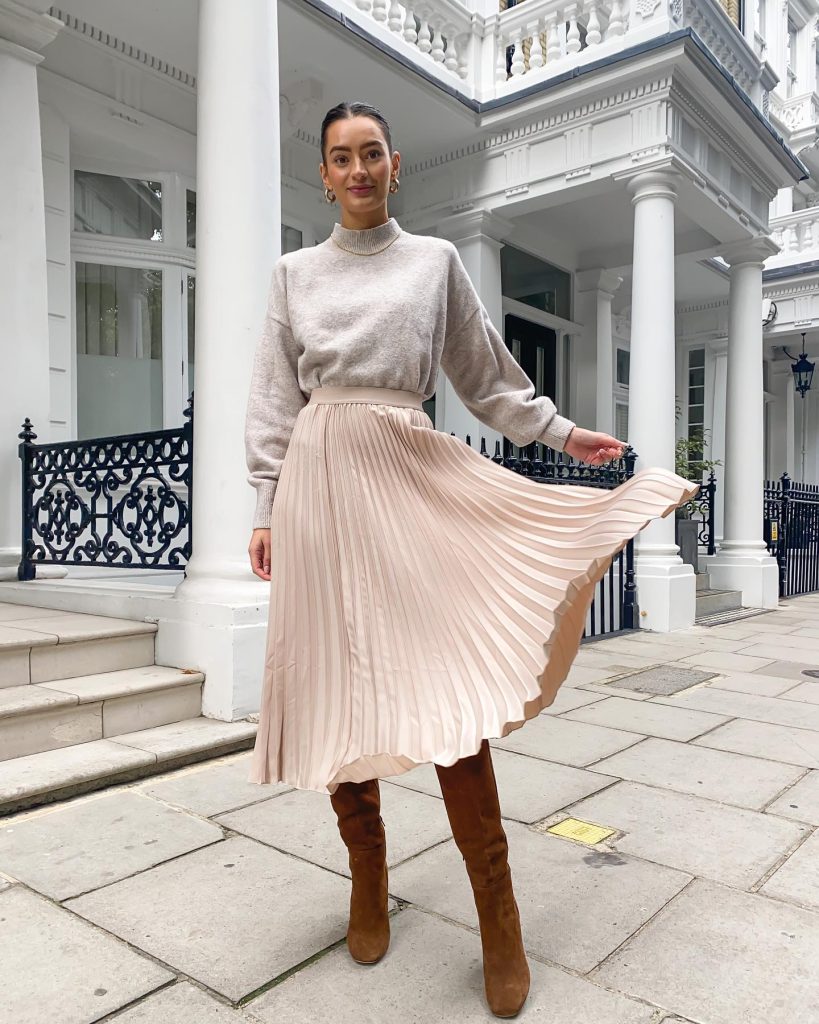 Oatmeal Mock-neck Sweater + Pleated Midi Skirt + Suede Boots
