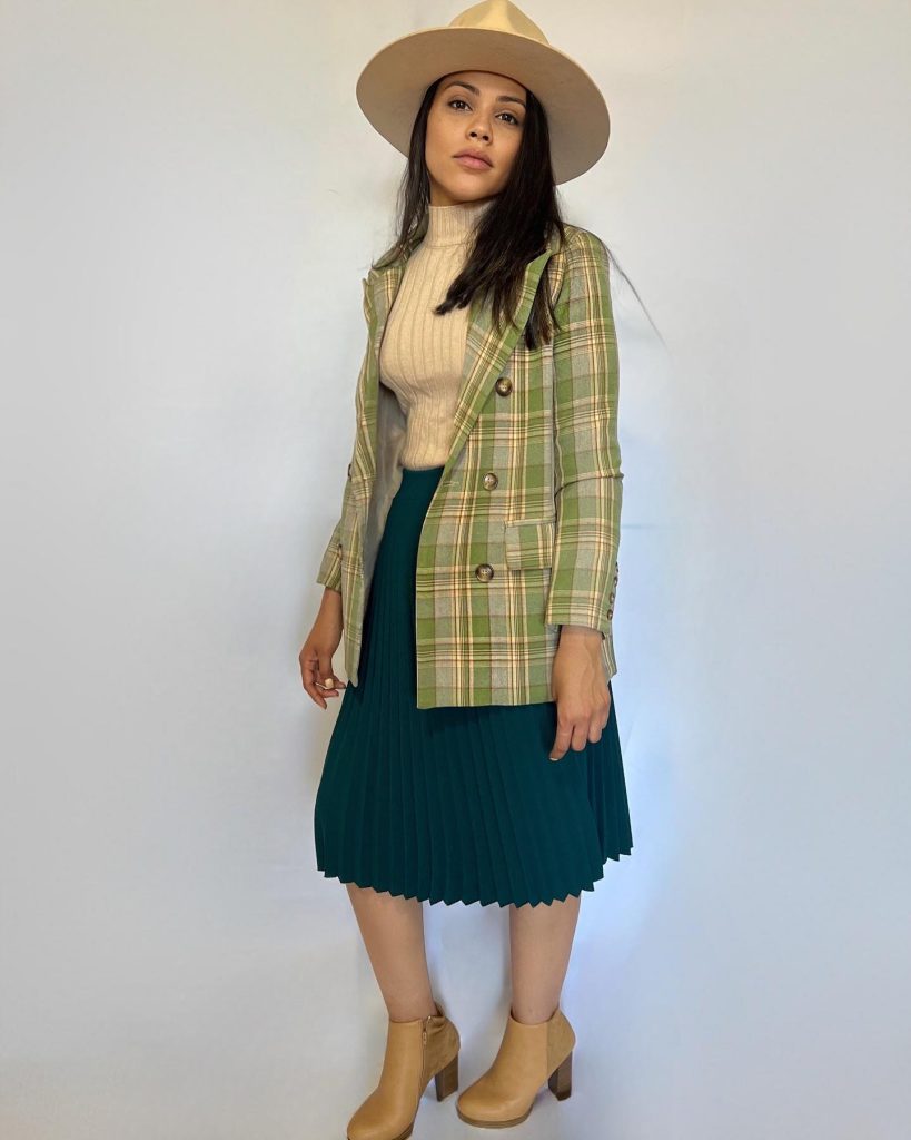 Green Plaid Blazer + Teal Pleated Midi Skirt