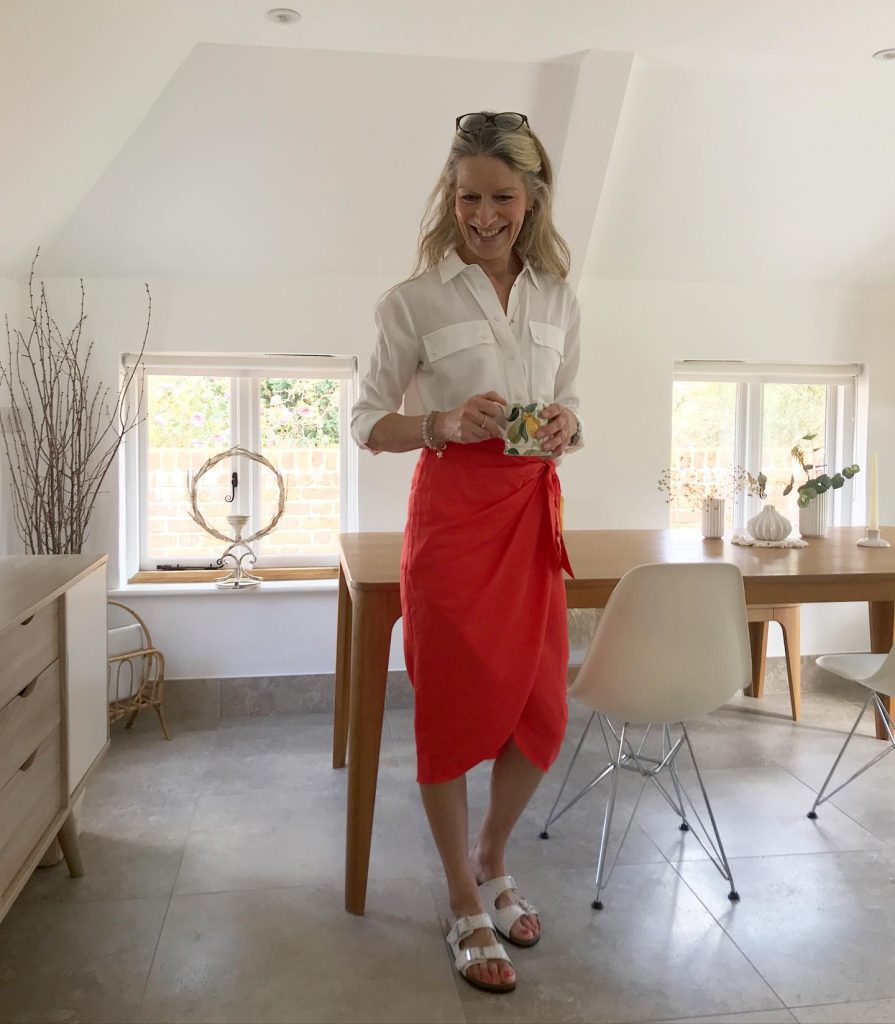 White Utility Shirt + Red Wrap Skirt