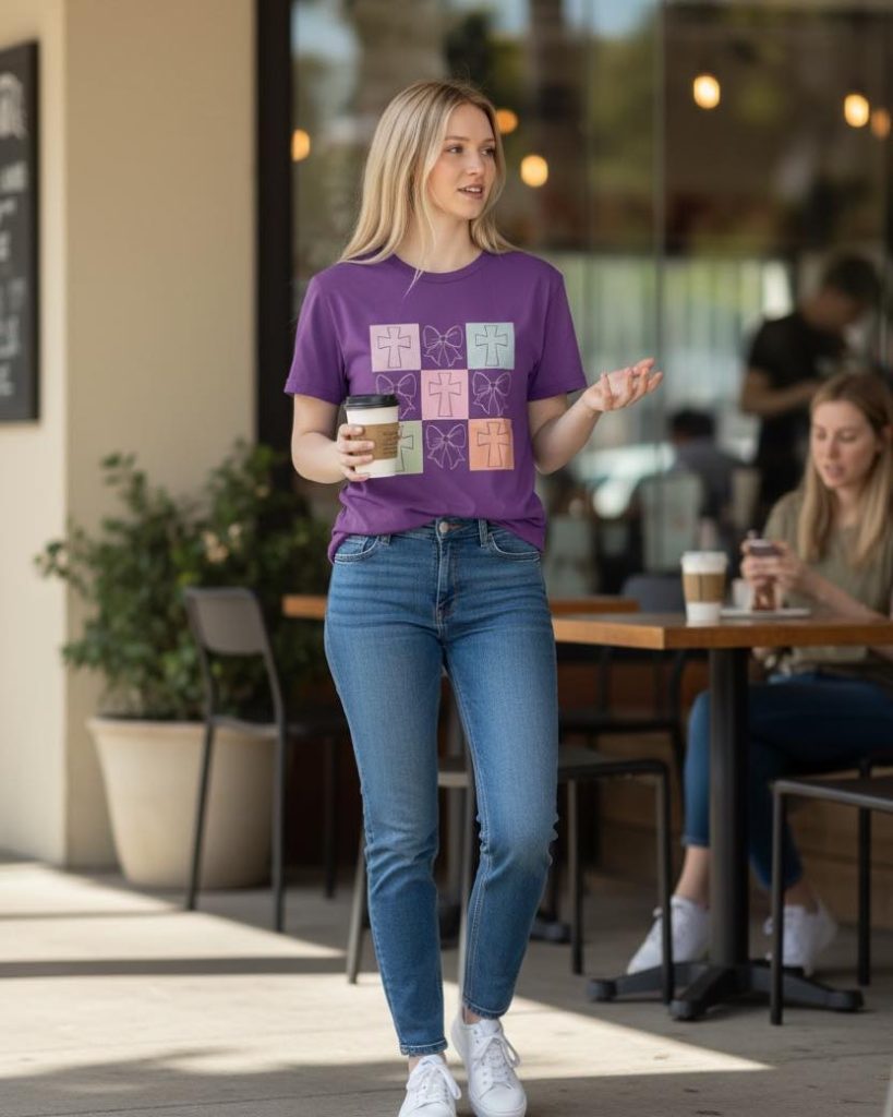 Purple Graphic T-Shirt + Slim Blue Jeans + White Sneakers