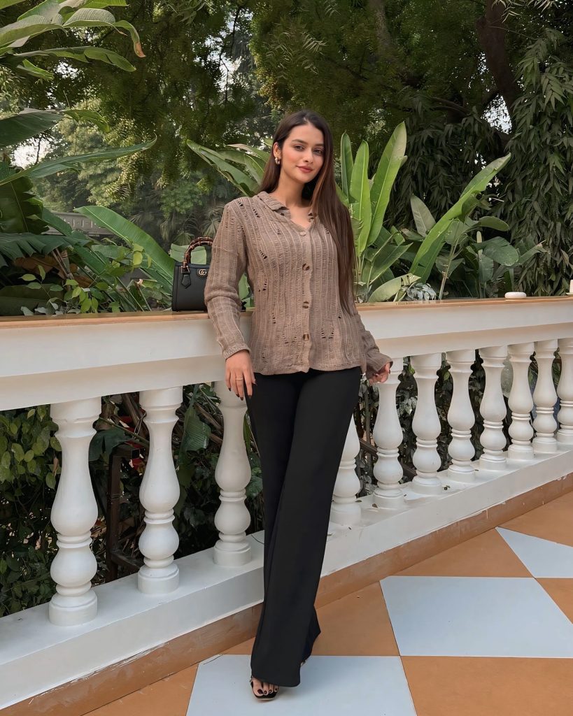 Taupe Pointelle Cardigan + Black Wide-Leg Trousers + Black Handbag