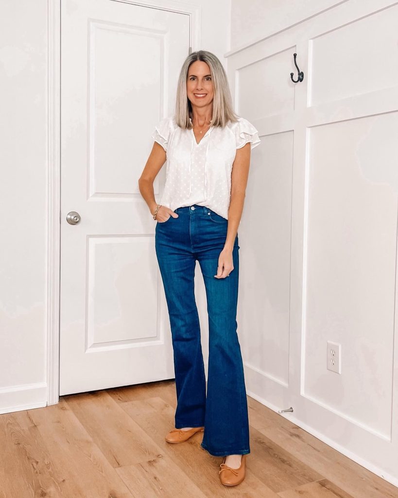 White Eyelet Blouse + Dark Wash Flare Jeans