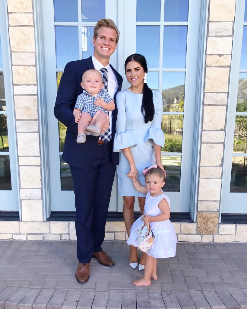 Powder Blue Ruffle Dress + Navy Suit + Plaid Tie