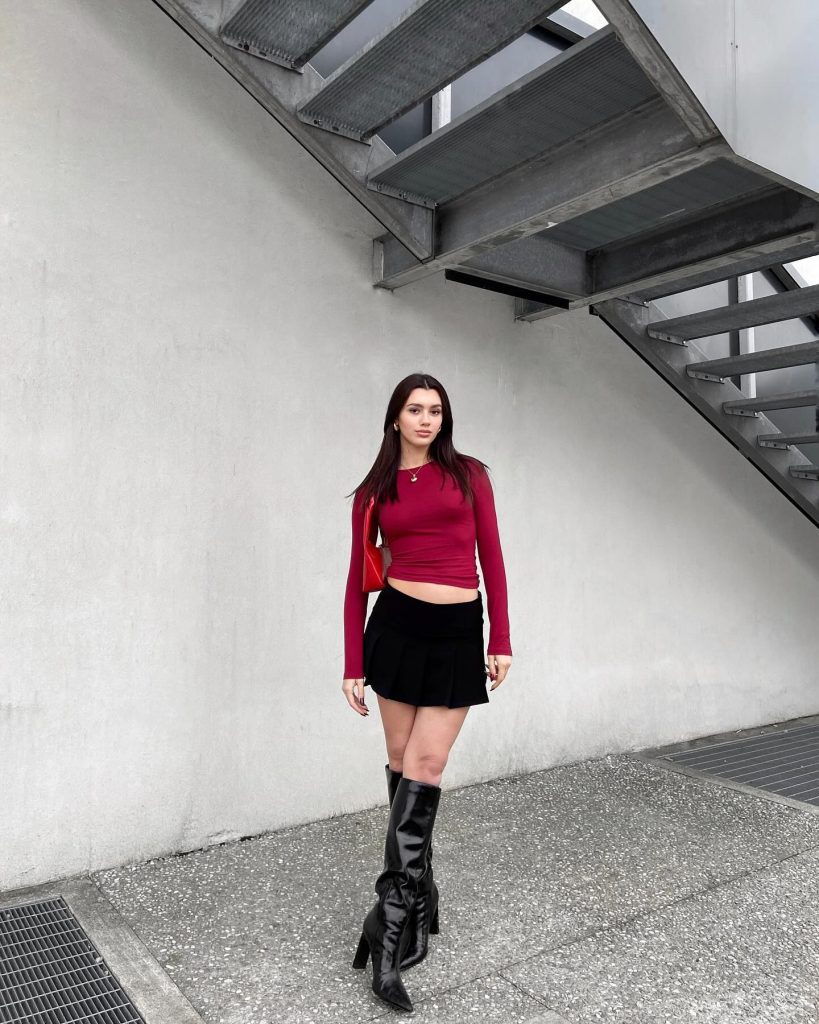 Burgundy Long Sleeve Top + Black Pleated Mini Skirt