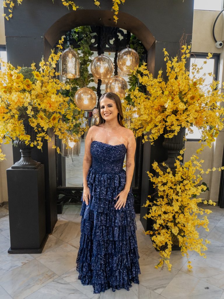  Navy Sequin Tiered Dress + Silver Drop Earrings + Floral Backdrop