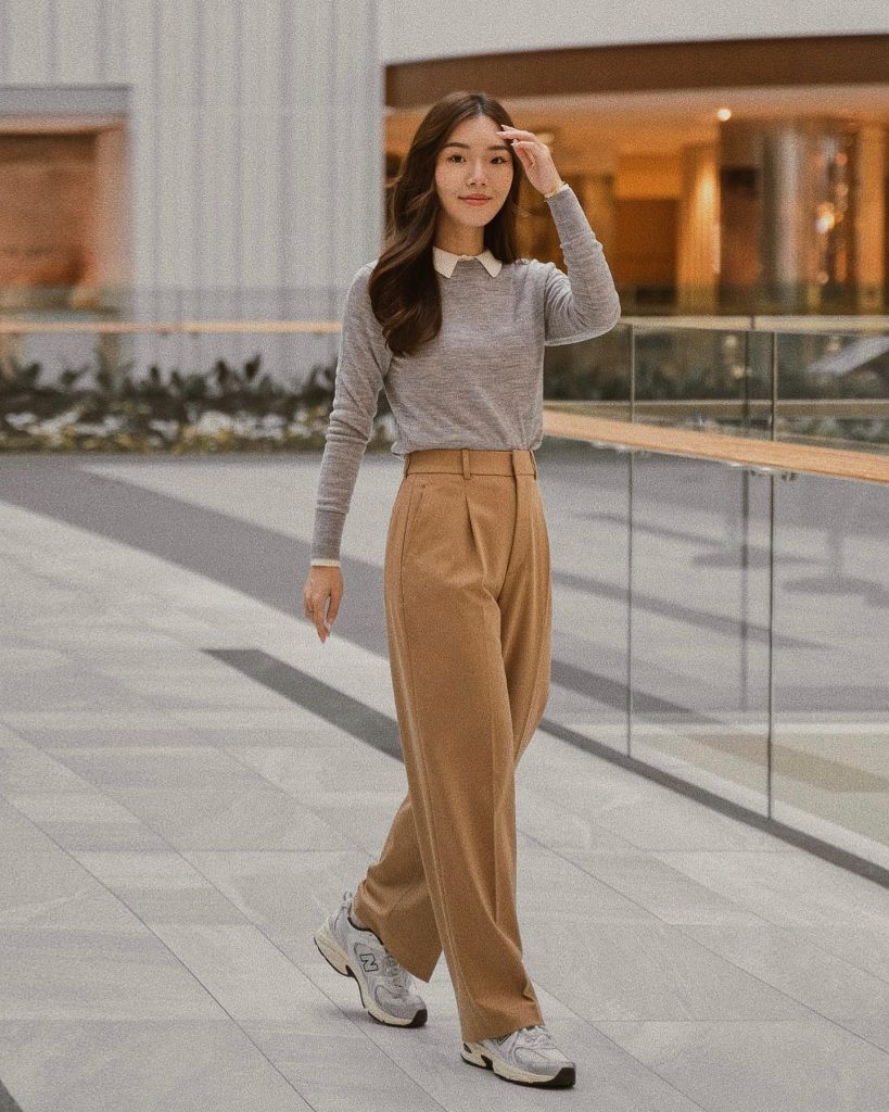 Grey Collared Sweater + Camel Wide Leg Trousers + Athletic Sneakers