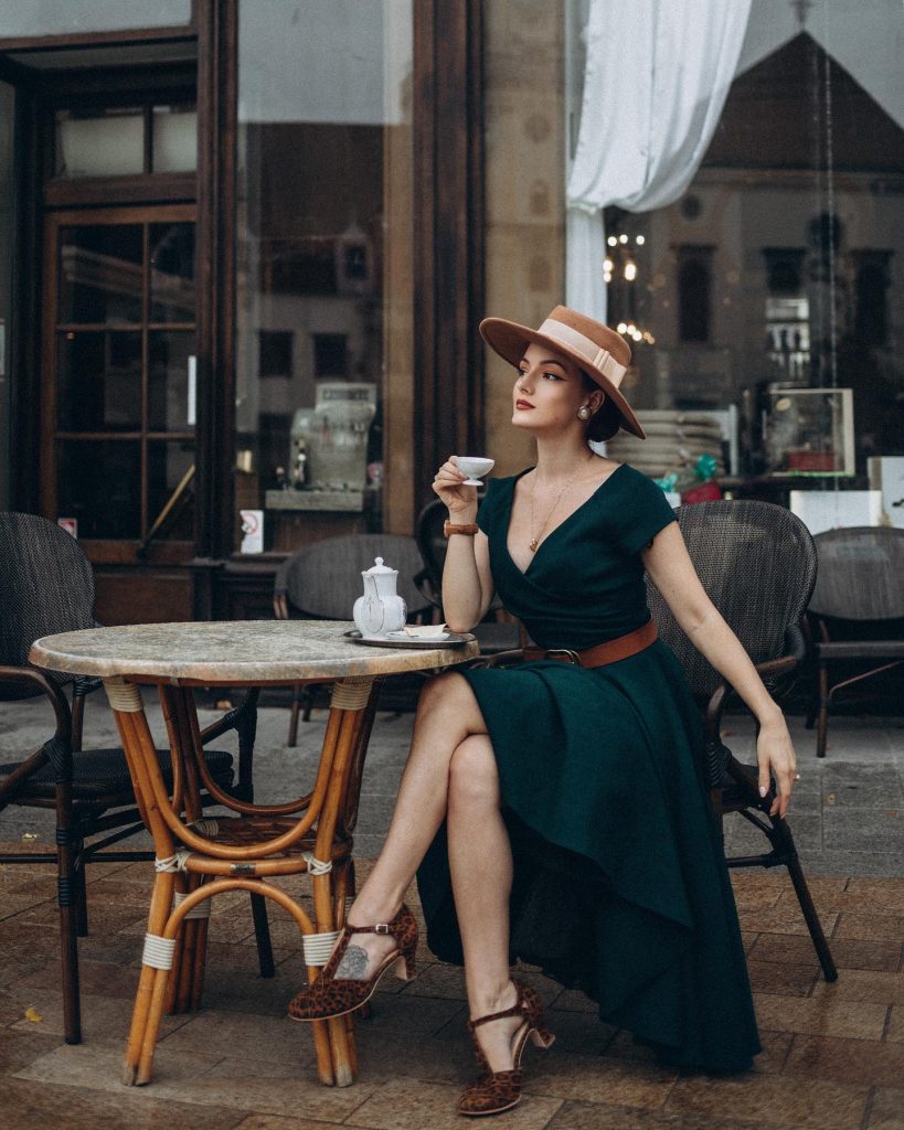 Emerald Green Wrap Dress + Brown Leather Waist Belt + Leopard Print T-Strap Heels