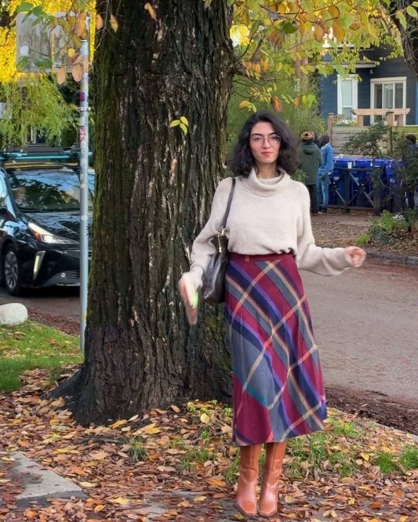 Cream Turtleneck Sweater + Plaid Midi Skirt