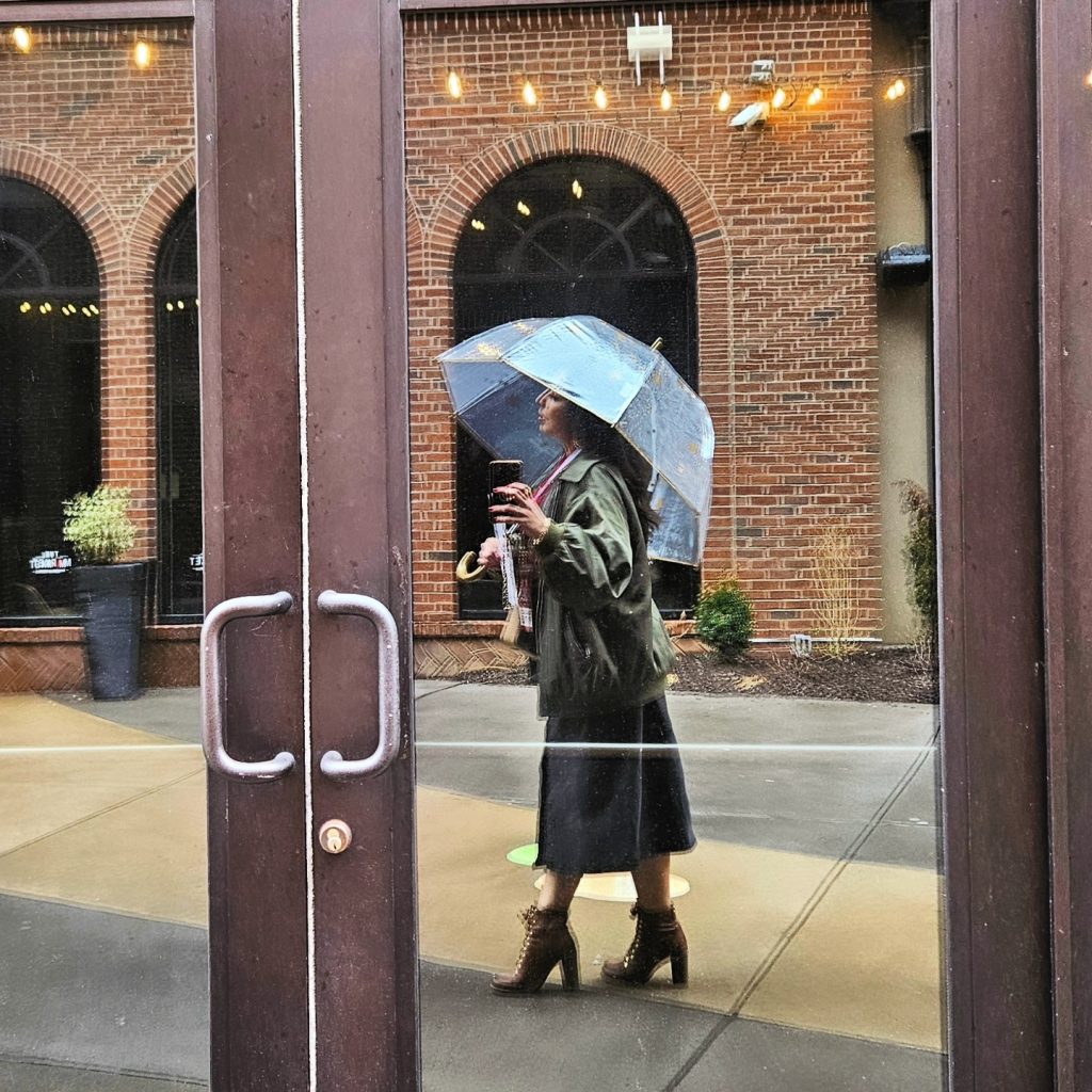 Olive Bomber Jacket + Dark Midi Skirt + Brown Heeled Boots