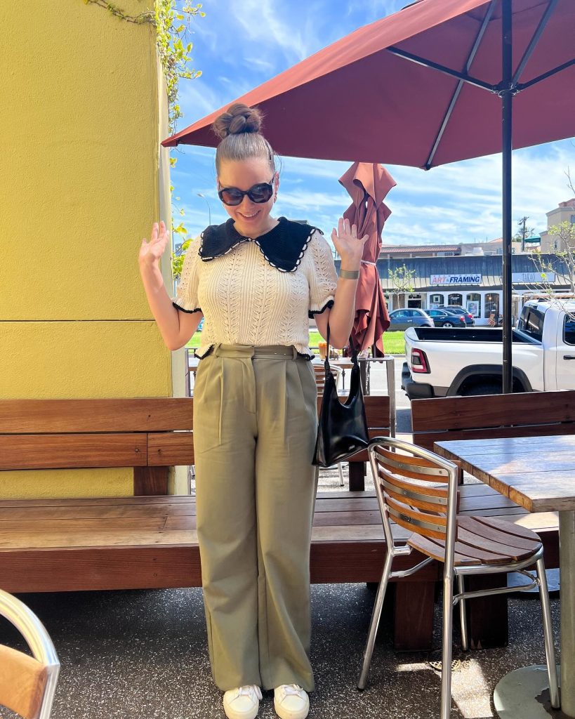 White Crochet Top + Olive Wide-Leg Pants