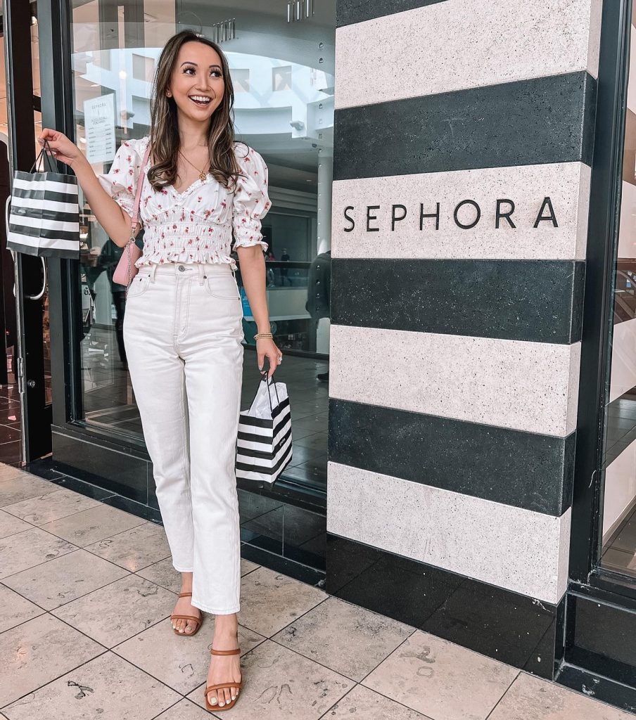 Floral Milkmaid Top + White High-Waist Jeans + Tan Sandals