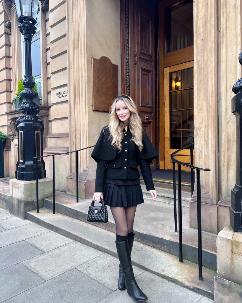  Black Cape Jacket + Pleated Mini Skirt + Knee-High Boots