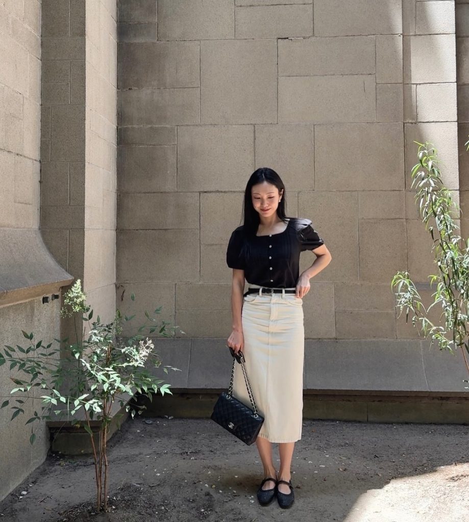 Black Puff-Sleeve Top + Cream Denim Midi Skirt