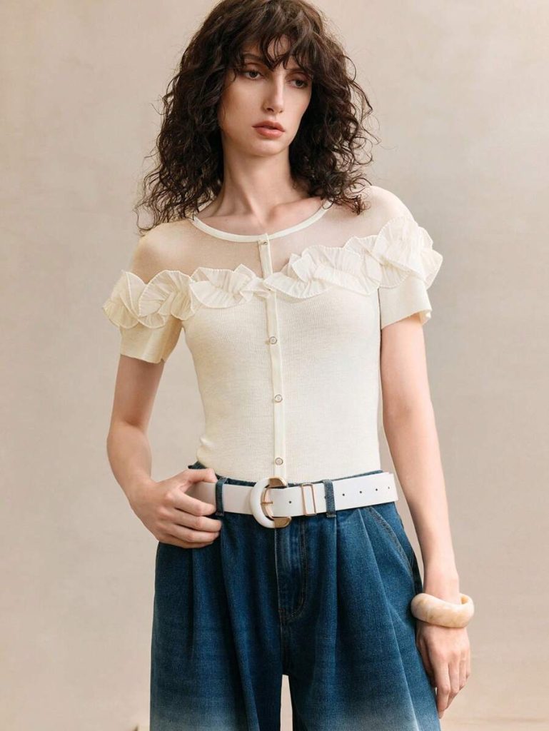 Cream Ruffle-Trim Knit Top + High-Waisted Gradient Jeans