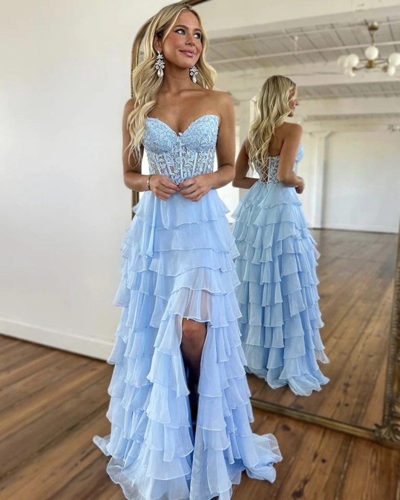 Powder Blue Corset Dress + Tiered Tulle Skirt + Statement Chandelier Earrings