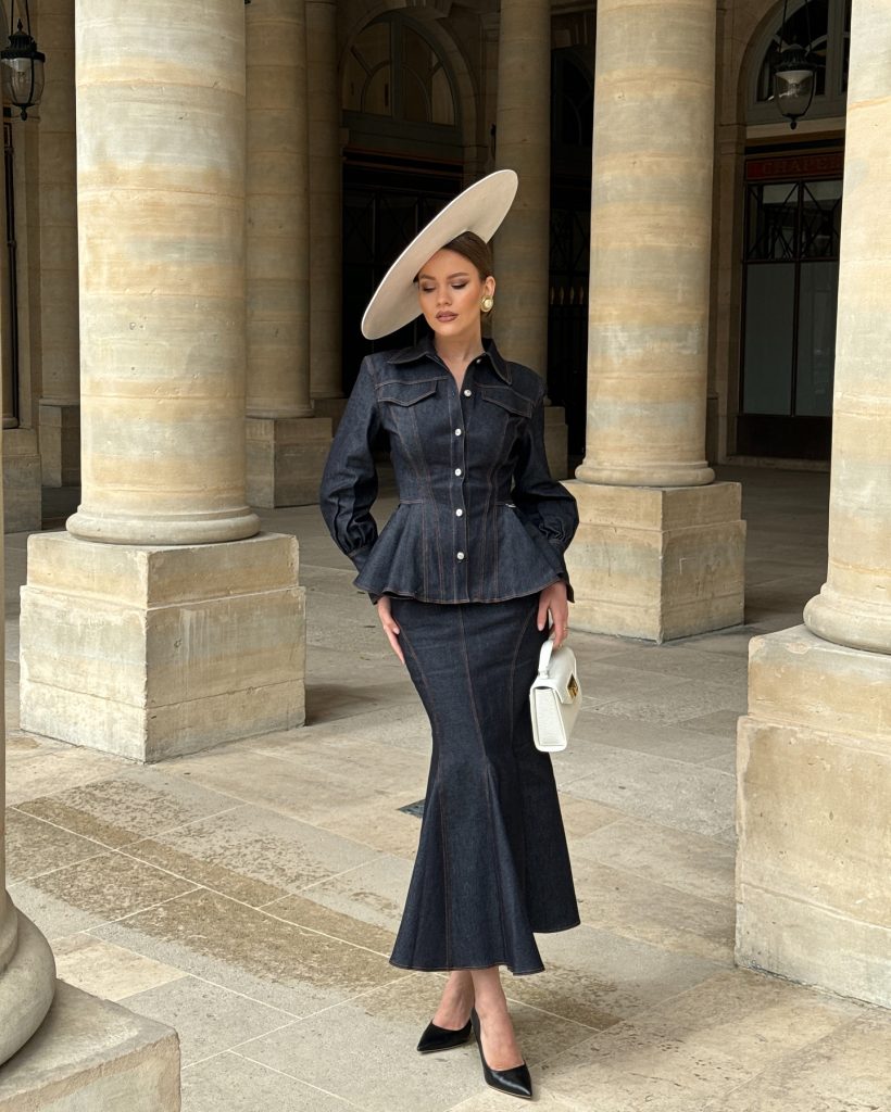 Dark Indigo Denim Peplum Jacket + Mermaid Denim Skirt + White Wide-Brim Hat