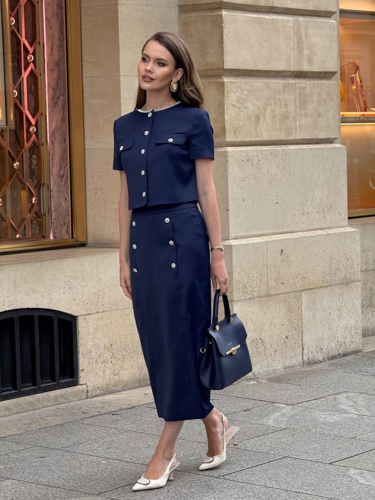 Navy Short-Sleeve Jacket + Matching Column Skirt + Cream Slingback Heels