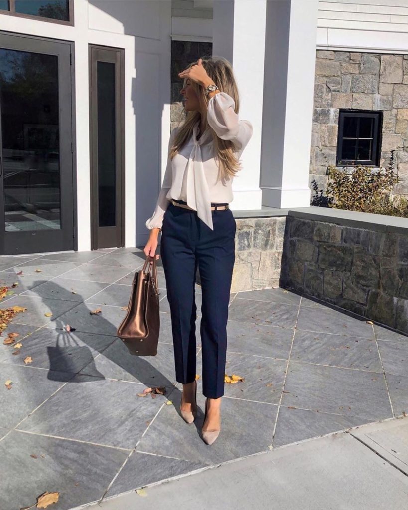 Cream Tie-neck Blouse + Navy Tailored Pants + Bronze Tote Bag