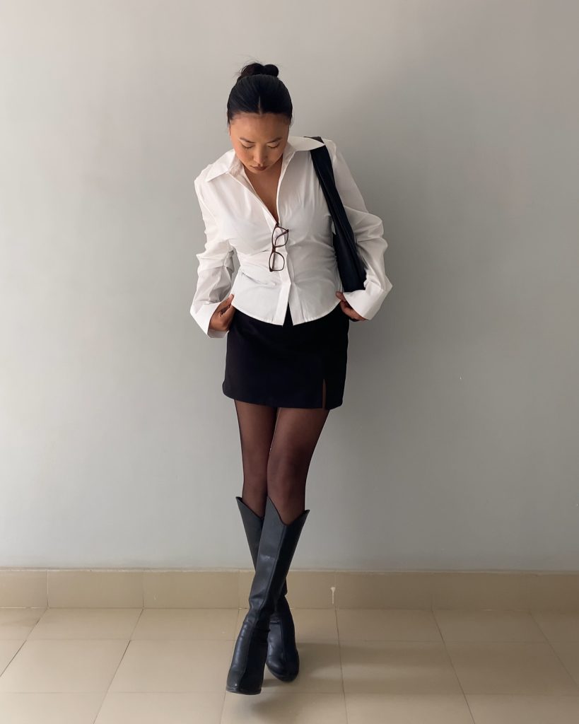 White Crisp Button-down + Black Mini Skirt + Knee-High Boots